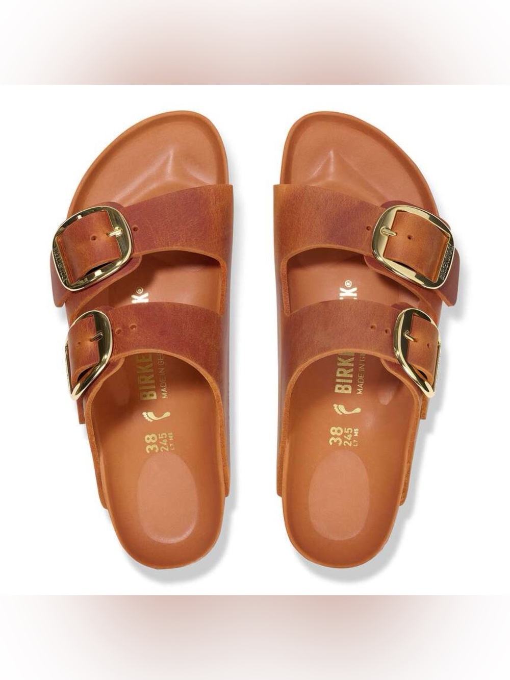 Birkenstock Big Buckle Two-Strap Sandals in Cognac/Tan with Gold Details